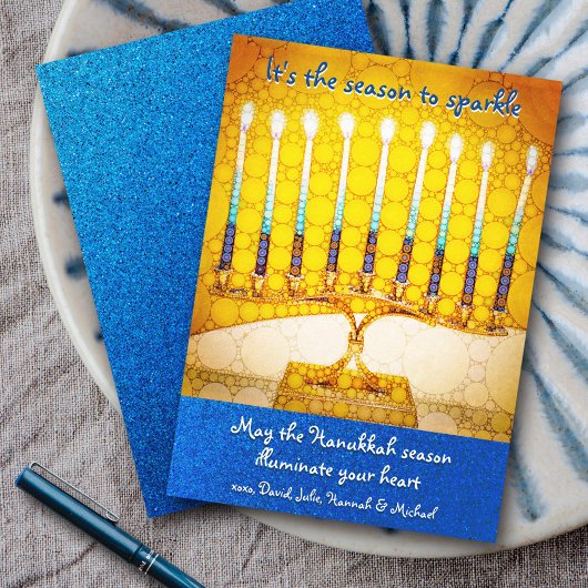 黄色ハヌカー(ユダヤ教)メノラーシーズンからスパークルスクリプト シーズンカード