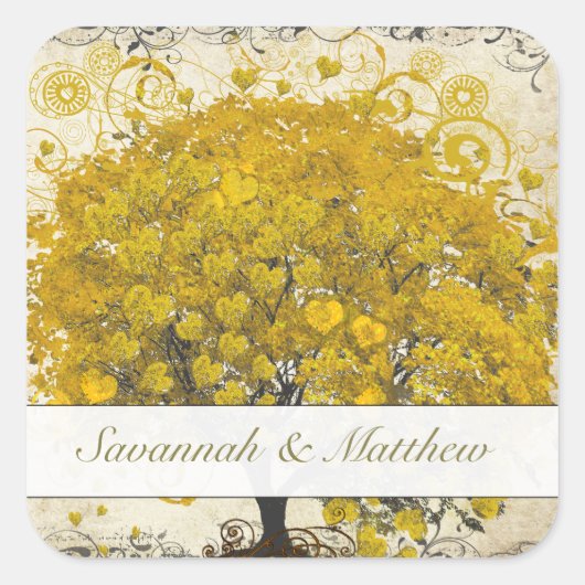 黄色ハートの葉の結婚木のシール スクエアシール (正面)