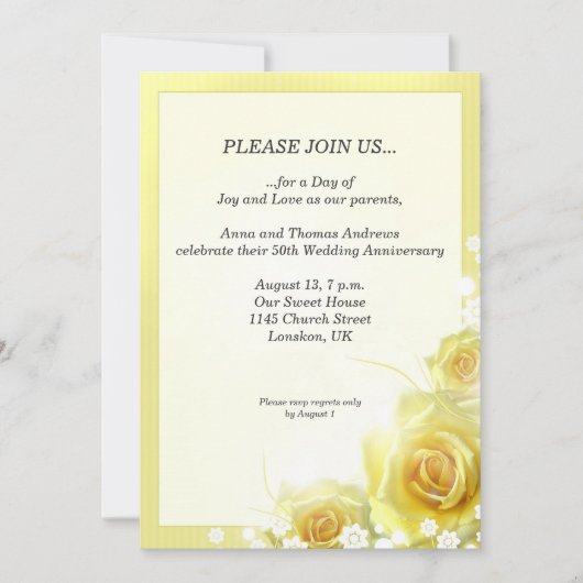黄色バラが付いている記念日の夕食の招待 招待状 (正面)