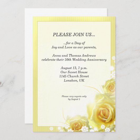 黄色バラが付いている記念日の夕食の招待 招待状 (正面/裏面)