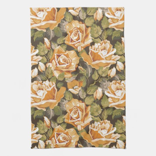 黄色バラのヴィンテージの花パターン キッチンタオル (縦)
