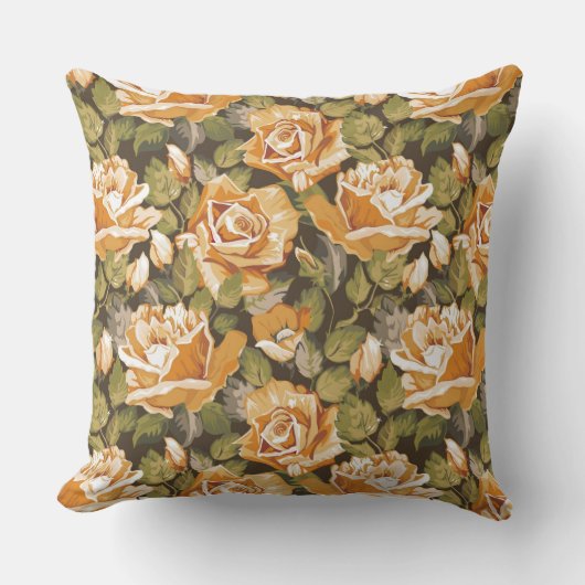 黄色バラのヴィンテージの花パターン クッション (正面)