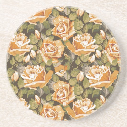 黄色バラのヴィンテージの花パターン コースター (正面)