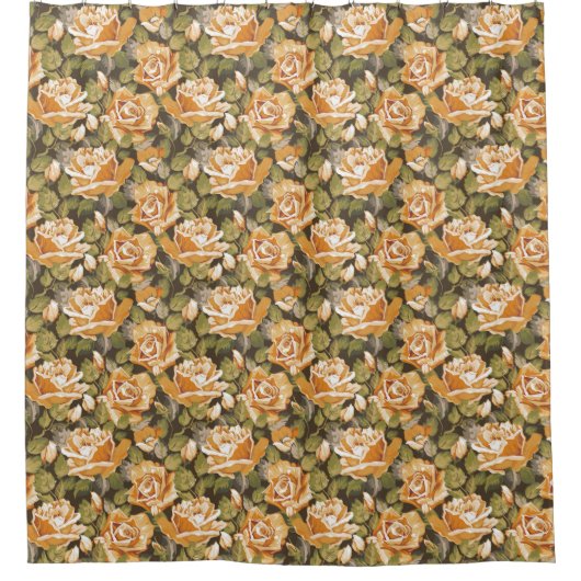黄色バラのヴィンテージの花パターン シャワーカーテン (正面)