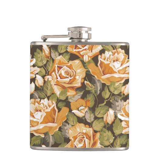 黄色バラのヴィンテージの花パターン フラスク (正面)