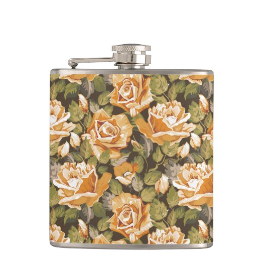 黄色バラのヴィンテージの花パターン フラスク (正面)