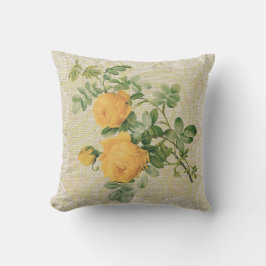 黄色バラ及びレースの花のヴィンテージの枕 クッション