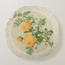 黄色バラ及びレースの花のヴィンテージの枕 ラウンドクッション