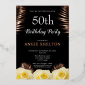 黄色バラ熱帯離れ誕生日50番目の金ゴールド 箔招待状 (正面)