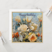 黄色バラ花かわいらしフローラハッピーバースデー カード (正面/裏面インサイチュ)