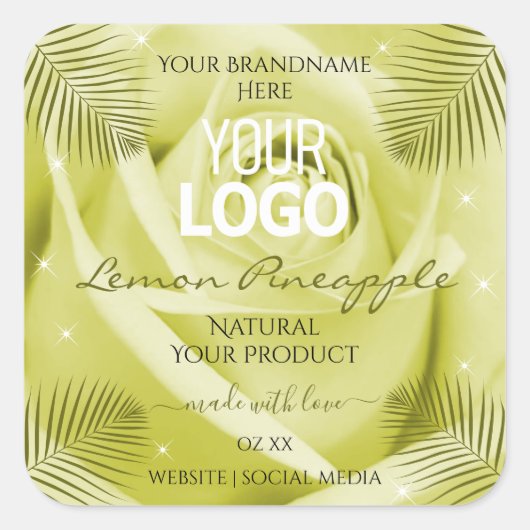 黄色バラ花の製品ラベルのパーム葉のロゴ スクエアシール (正面)