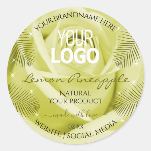 黄色バラ花の製品ラベルのパーム葉のロゴ ラウンドシール (正面)