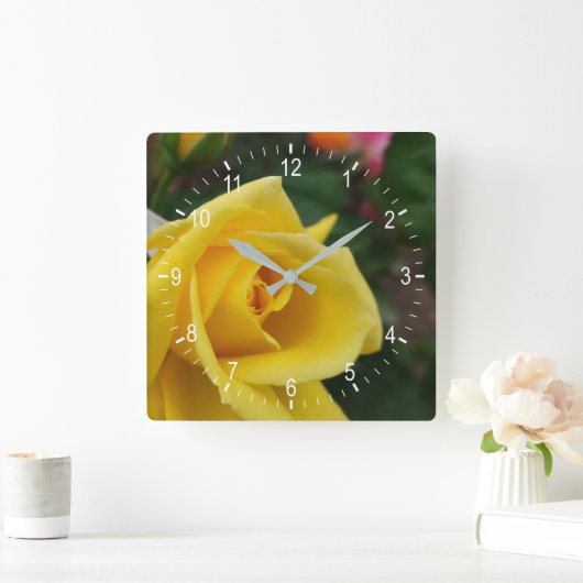 黄色バラ花の角壁時計 スクエア壁時計 (ホーム)
