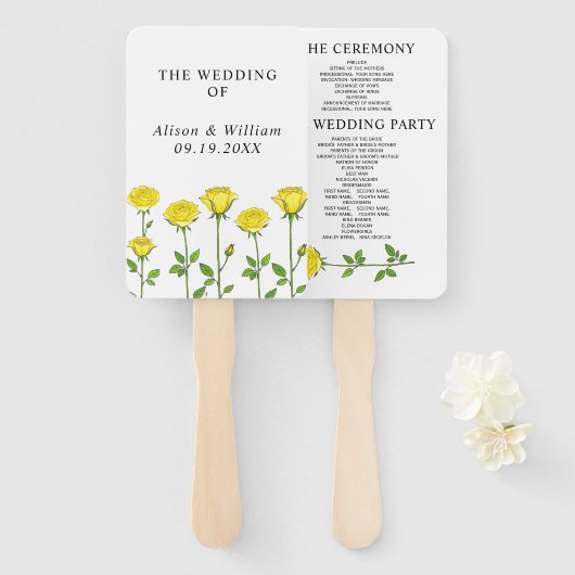 黄色バラ花フローラ春の結婚式プログラム ハンドファン (正面&裏面)