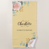 黄色バラ金ゴールド花模様モノグラムイニシャル ビーチタオル (正面)