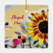黄色パーソナライズされたかわいらしのヒマワリ セラミックオーナメント (裏面)