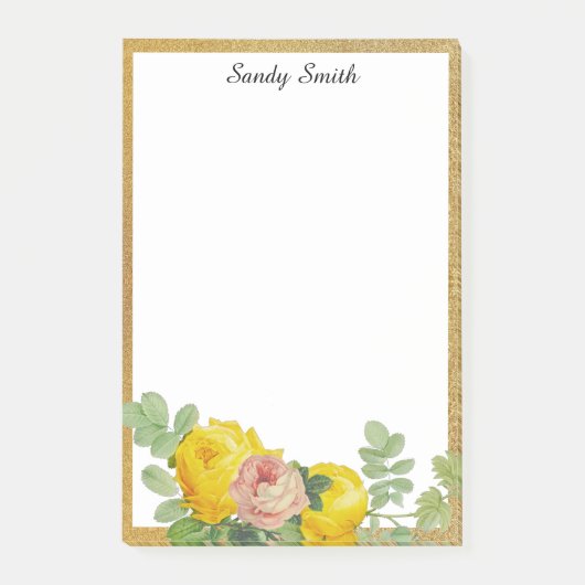 黄色パーソナライズされたとピンクのバラのフローラ ポストイット (正面)