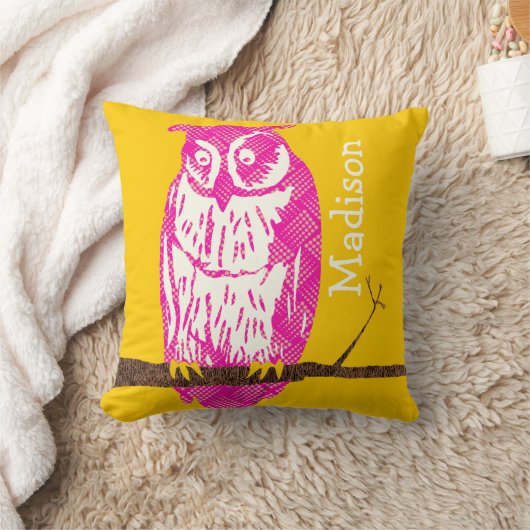黄色パーソナライズされたとピンクの赤ちゃん女の子ヴィンテージフクロウ クッション (ブランケット)