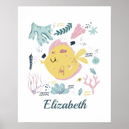 黄色パーソナライズされたとピンクの魚の海生活海 ポスター