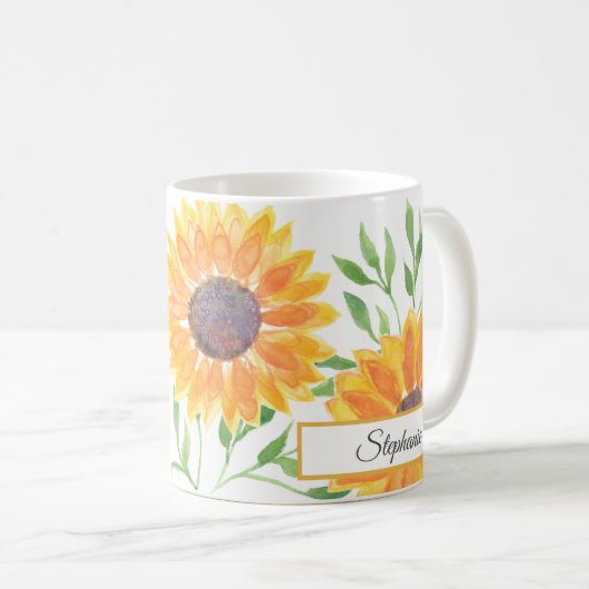 黄色パーソナライズされたひまわり模様コーヒーマグ コーヒーマグカップ (正面右)
