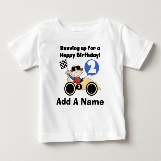 黄色パーソナライズされたレース車2nd誕生日Tシャツ ベビーTシャツ (正面)