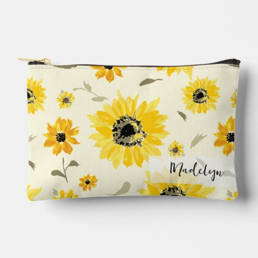 黄色パーソナライズされた水色ひまわり模様 アクセサリーポーチ (正面)