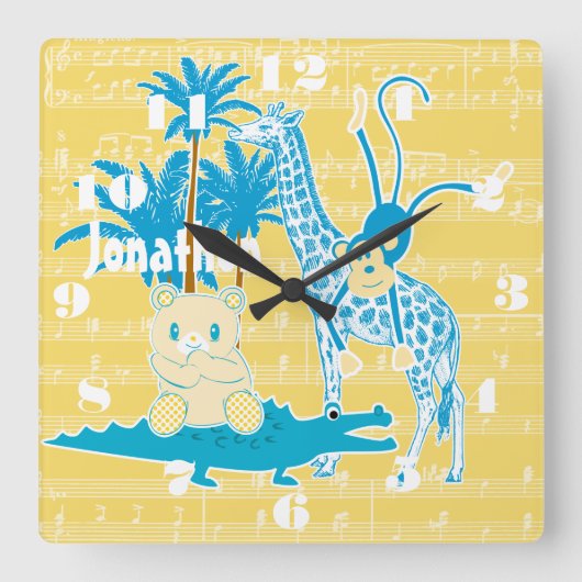 黄色パーソナライズされた青ジャングル動物の壁時計 スクエア壁時計 (正面)