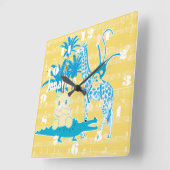 黄色パーソナライズされた青ジャングル動物の壁時計 スクエア壁時計 (傾斜)