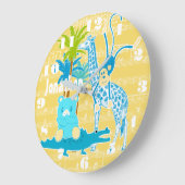 黄色パーソナライズされた青ジャングル動物の壁時計 ラージ壁時計 (傾斜)