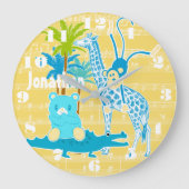 黄色パーソナライズされた青ジャングル動物の壁時計 ラージ壁時計 (正面)