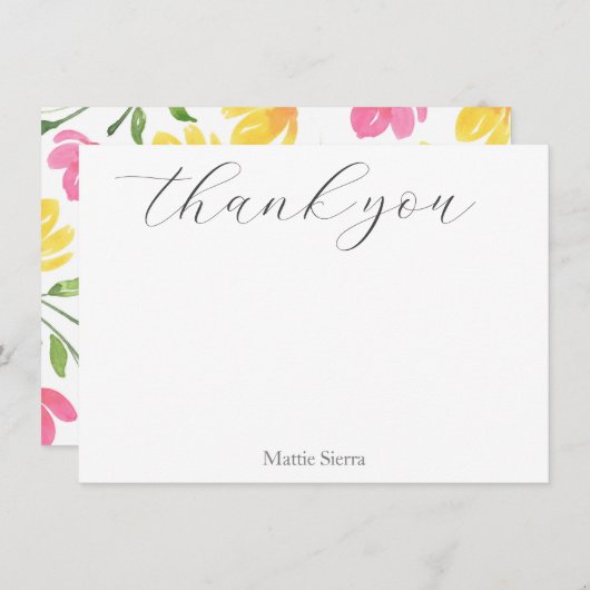 黄色ピンクのオレンジ色の水の色フローラ茎のパターン サンキューカード (正面/裏面)