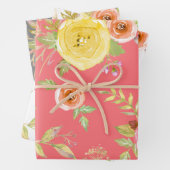 黄色ピンク色の灰色のフローラ水の色の素朴エレガントな ラッピングペーパーシート (インサイチュ)