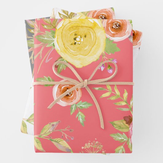 黄色ピンク色の灰色のフローラ水の色の素朴エレガントな ラッピングペーパーシート (インサイチュ)