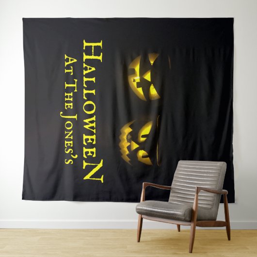 黄色ファンキーパーソナライズされた黒ハロウィーンのカボチャ タペストリー (インサイチュ(横))