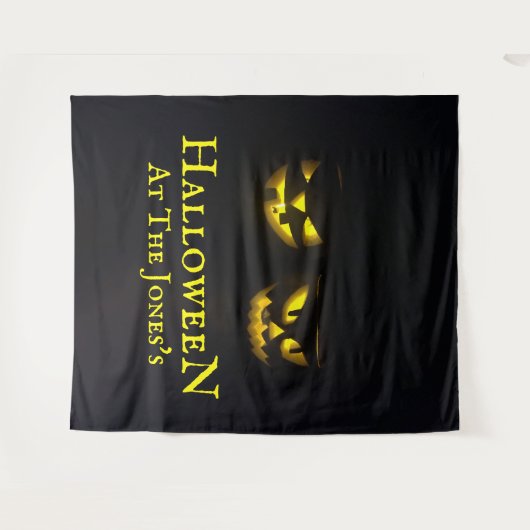 黄色ファンキーパーソナライズされた黒ハロウィーンのカボチャ タペストリー (正面(横))