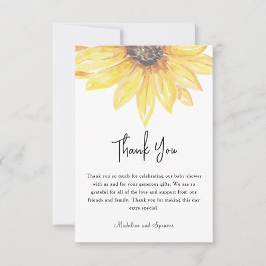 黄色フローラひまわり赤ちゃんシャワー サンキューカード (正面)