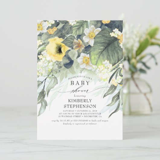 黄色フローラエレガントかわいい赤ちゃんシャワー 招待状 (スタンド正面)