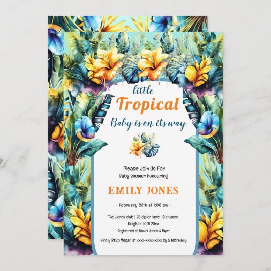 黄色フローラエレガント熱帯アーチベイバシャワー 招待状 (正面/裏面)