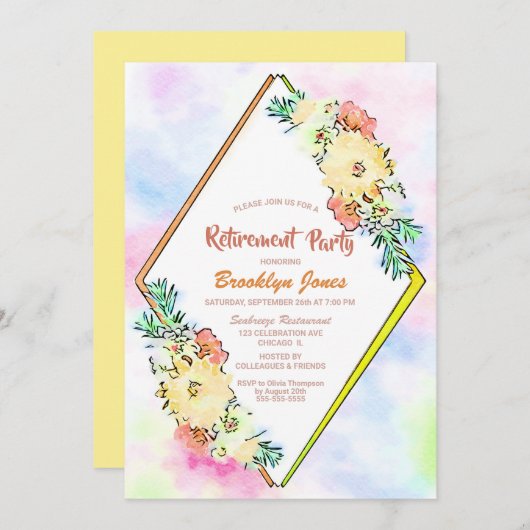 黄色フローラ幾何隠退表示パーティー 招待状 (正面/裏面)