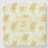 黄色フローラ水彩水彩モノグラム ストーンコースター (正面)