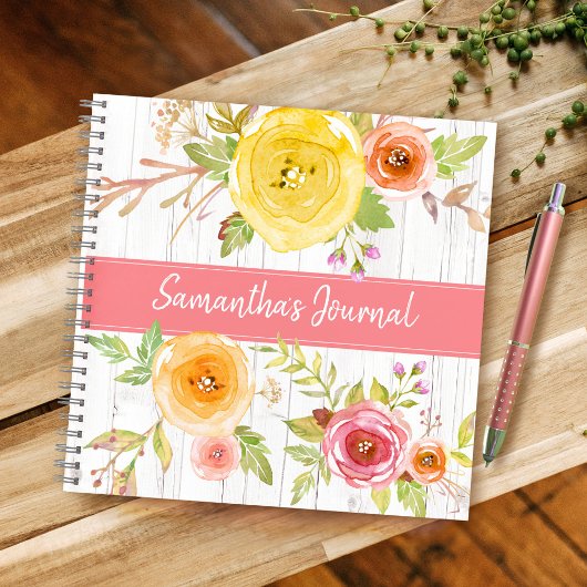 黄色フローラ水色の素朴な木のカスタム正方形 ノートブック