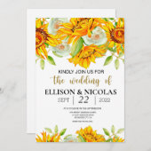 黄色フローラ水色結婚式招待状 (正面/裏面)
