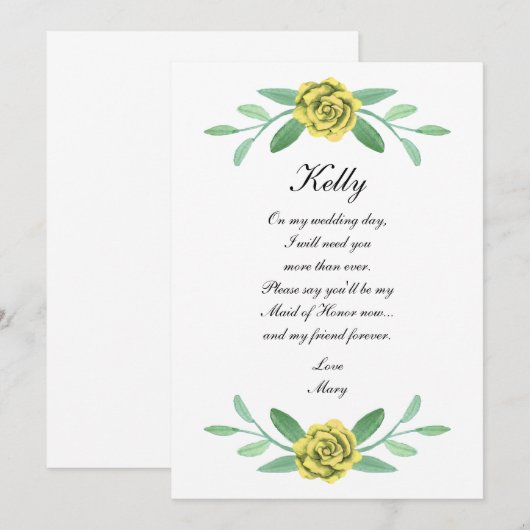 黄色フローラ緑の葉のメイド・オブ・オーナー（花嫁付き添い人）カード 招待状 (正面/裏面)
