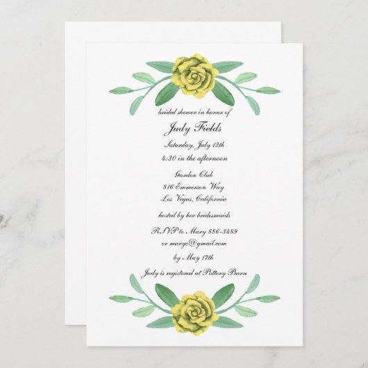 黄色フローラ緑の葉ブライダルシャワー 招待状 (正面/裏面)