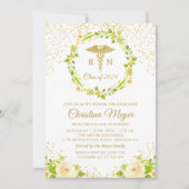 黄色フローラ金ゴールド看護卒業式パーティー写真 招待状 (正面)