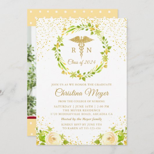 黄色フローラ金ゴールド看護卒業式パーティー写真 招待状 (正面/裏面)
