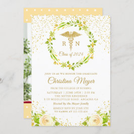 黄色フローラ金ゴールド看護卒業式パーティー写真 招待状
