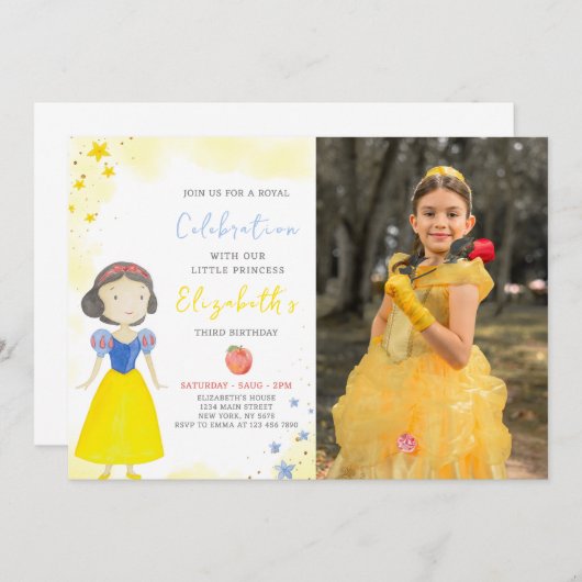 黄色プリンセス誕生日招待状（写真付） 招待状 (正面/裏面)