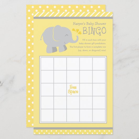 黄色モダンと灰色の象の赤ちゃんシャワービンゴ (正面/裏面)