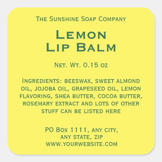 黄色モダンと緑文字リップクリーム管ラベル スクエアシール (正面)